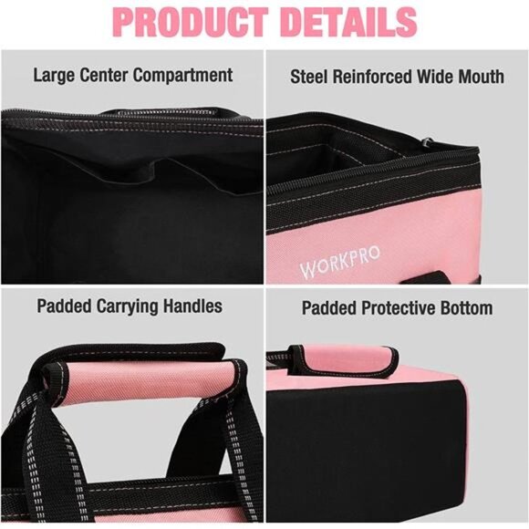 WORKPRO 13-Inch Tool Bag, Pink Soft Cloth Tool Storage Bags - Pink Ribbon - Picture 4 of 6